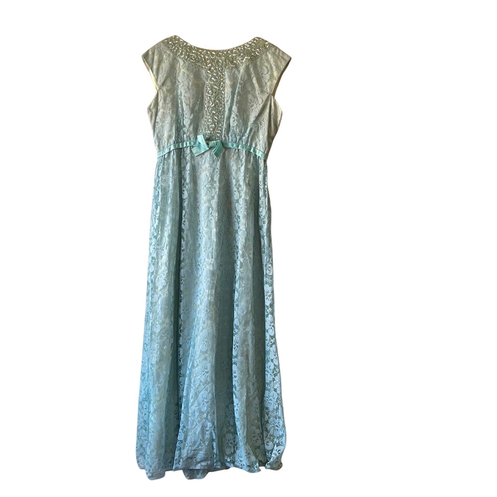 Vintage 60s Emma Domb Aqua Lace Gown Beaded Neckline Formal Dress‎ Size medium